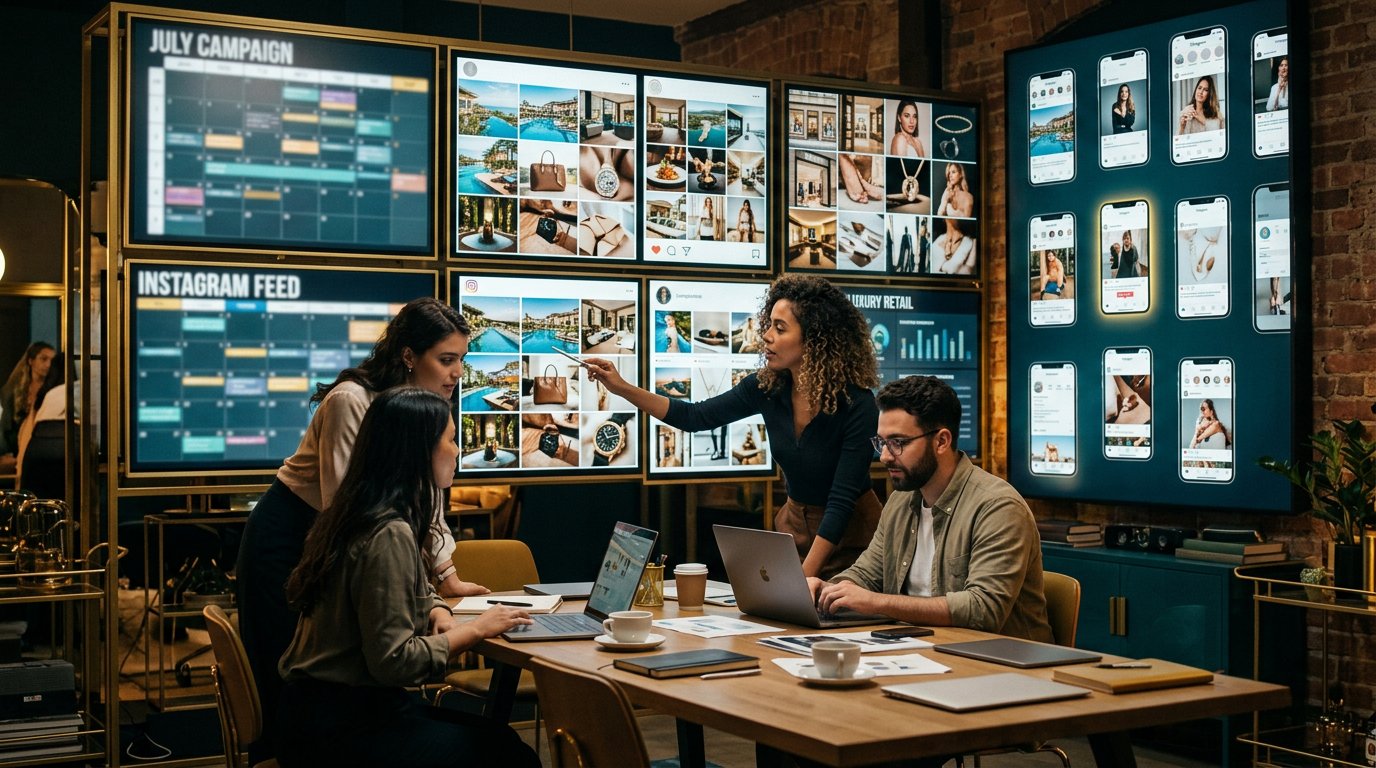 Social media content calendar and campaign grids on studio screens