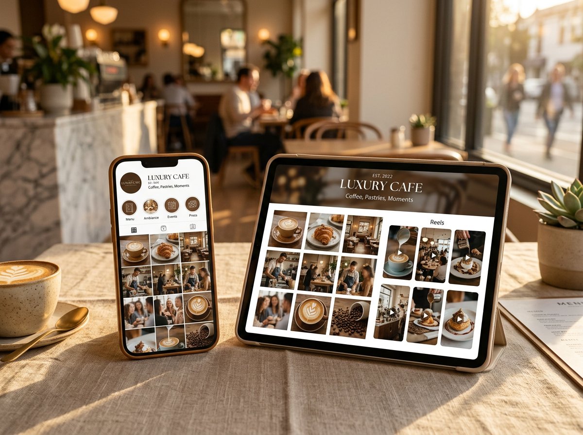 Social media content grids on phone and tablet